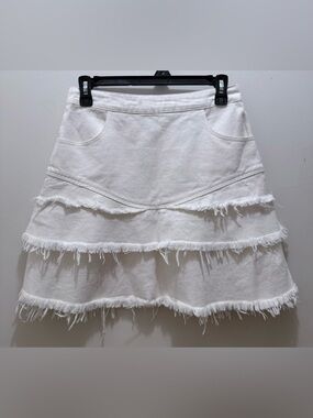 White Tiered Frayed A-Line Skirt